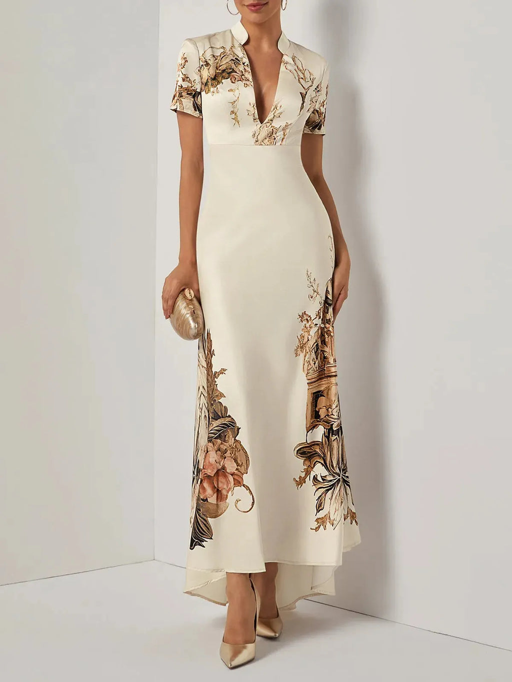 Beige Floral Satin Deep V Neck Mermaid Maxi Dress