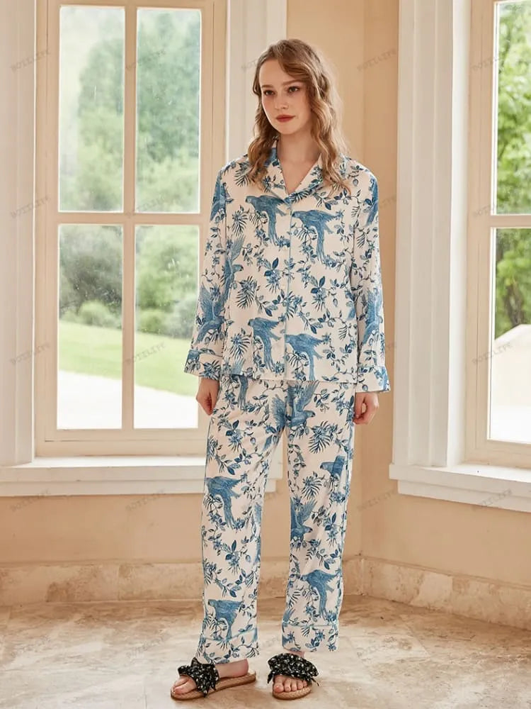 Parrot Print Ice Silk Long-Sleeve Pajama Loungewear Set