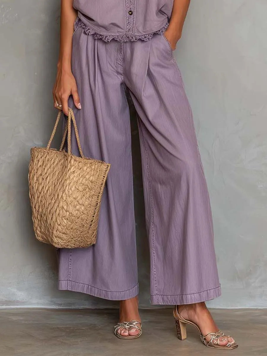 Tencel Button-Front Set – Sleeveless Top & Wide-Leg, Premium Value