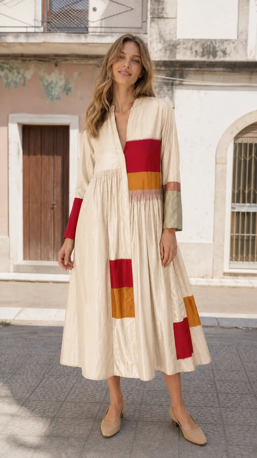 Boho Colorblock Long Sleeve Midi Dress
