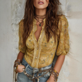 Chiffon Lace Trim Floral Blouse With Puff Sleeves And V-Neckline For Women