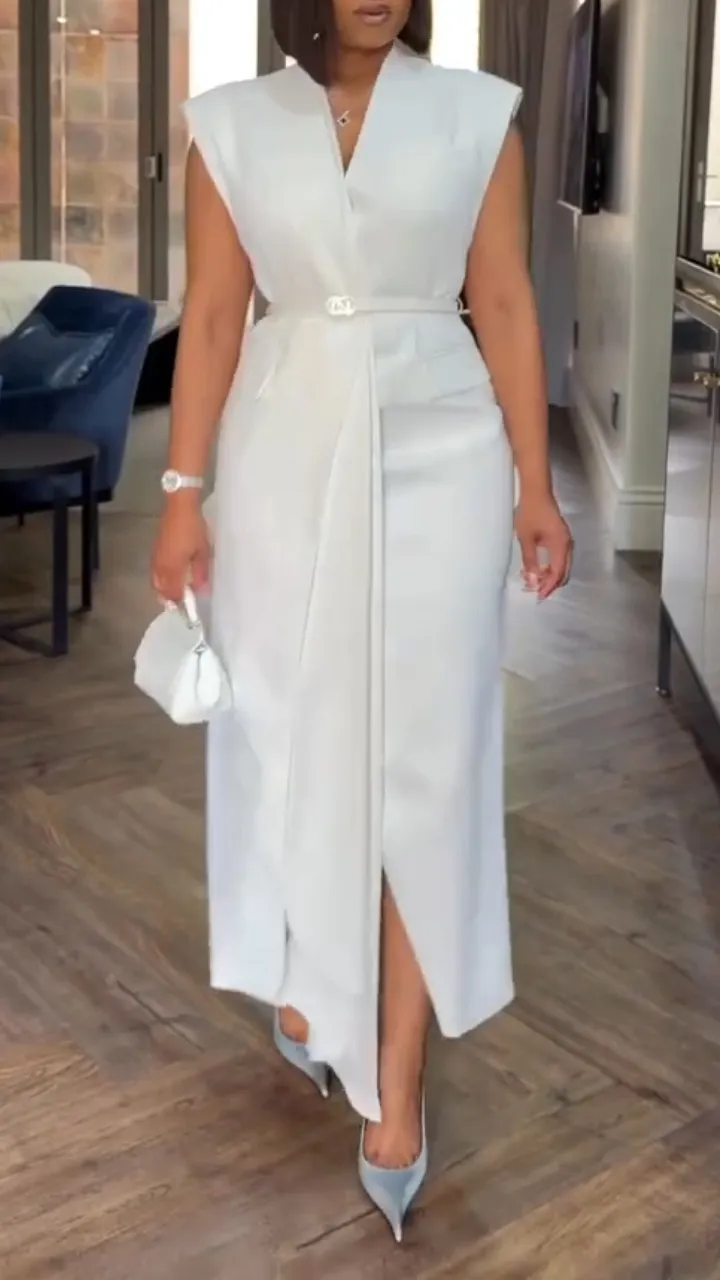 Women V-neck Solid Color Casual Dress with Temperament