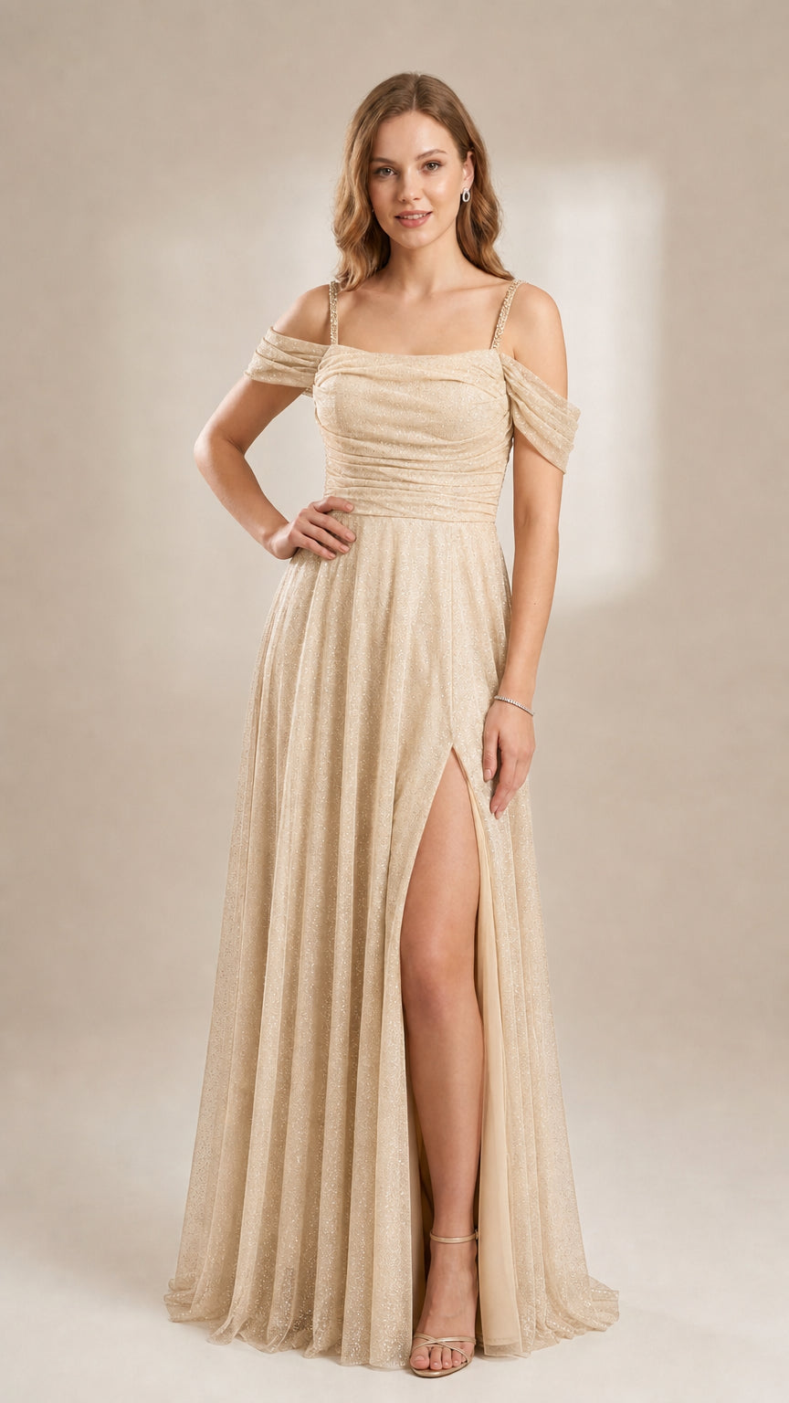Glitter Mesh Off-the-Shoulder Evening Gown with Beaded Straps and Thigh Slit