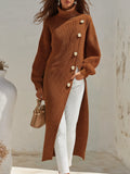 Casual Relaxed Solid Color Turtleneck Slit Long Sweater