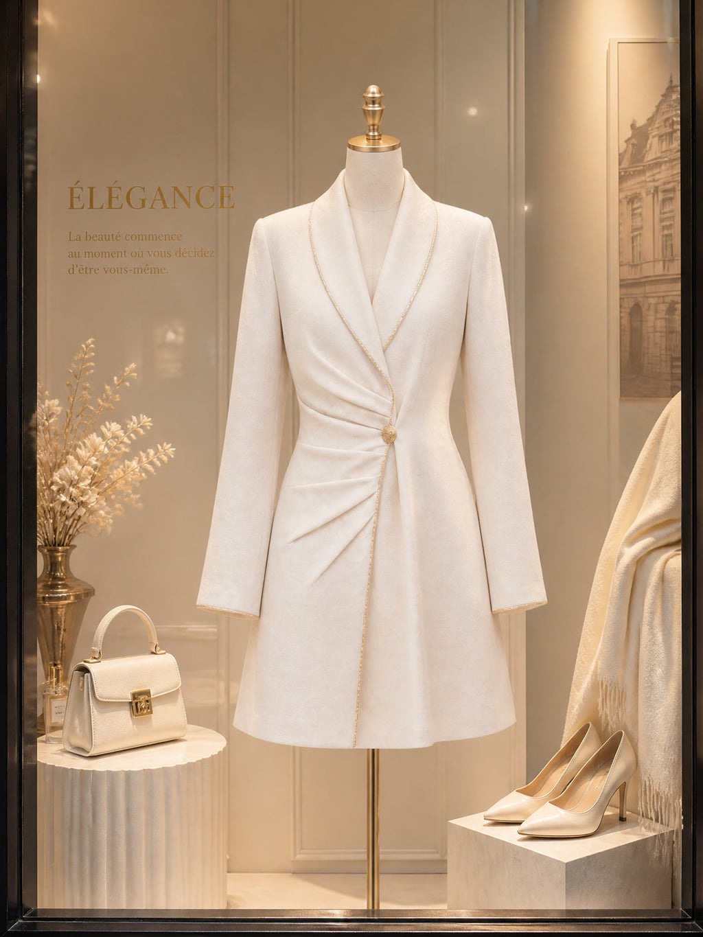 Vintage Gold-Trim Ruched Wool-Blend Blazer Dress
