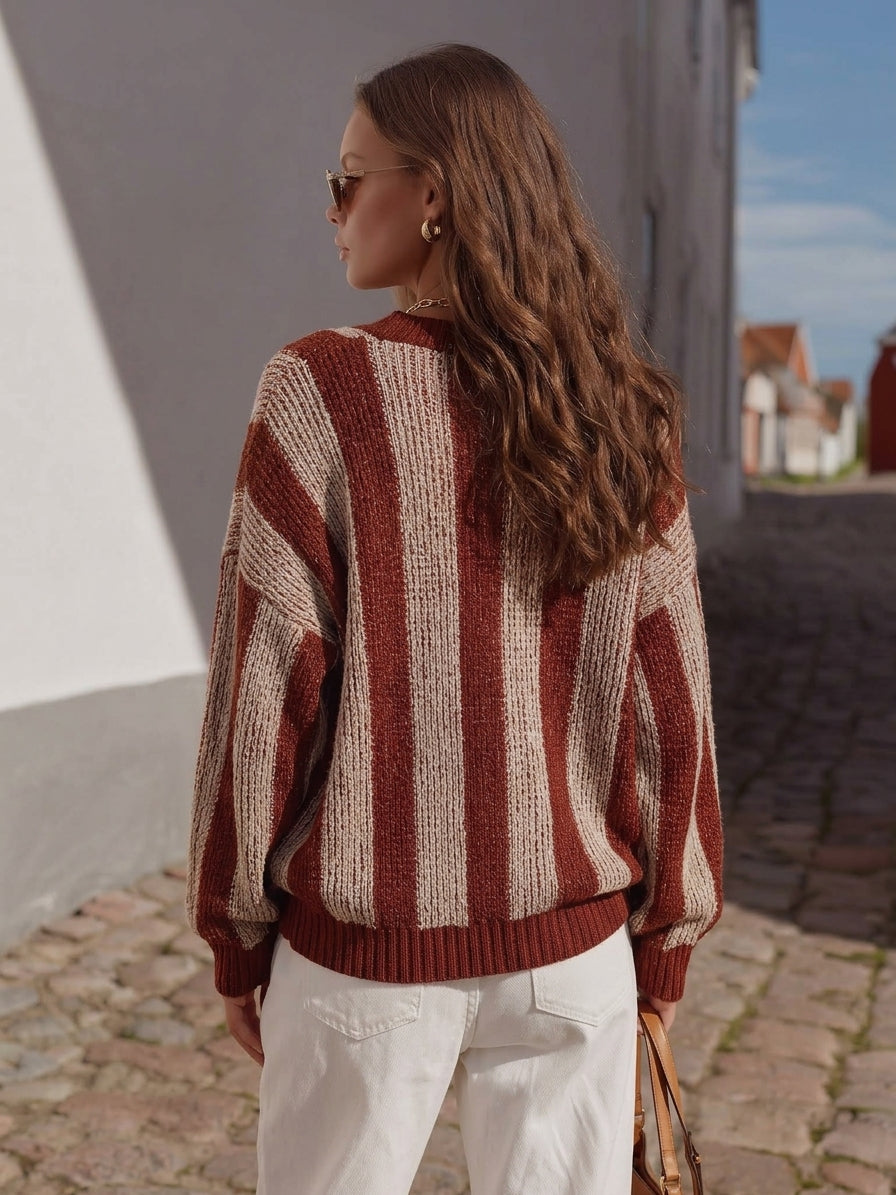 Bohemian Rust Beige Vertical Stripe V Neck Loose Knit Sweater