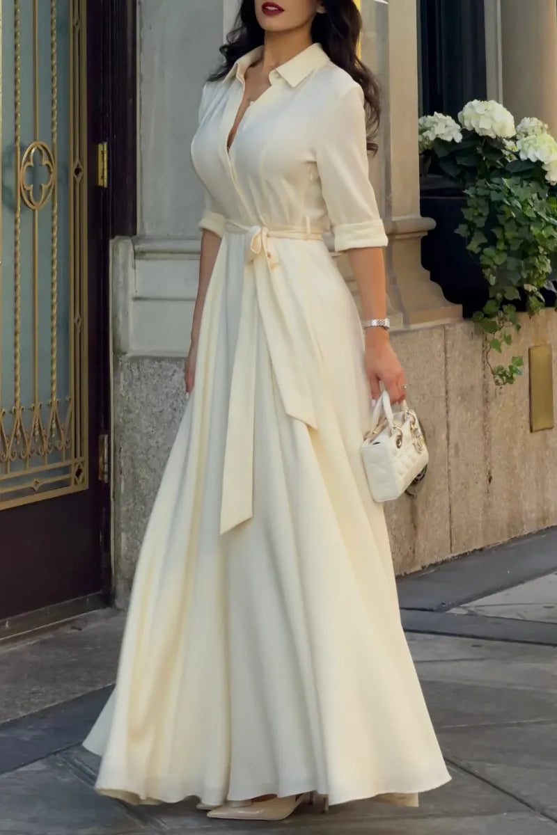 Cream Belted Shirt‐Style Maxi Dress