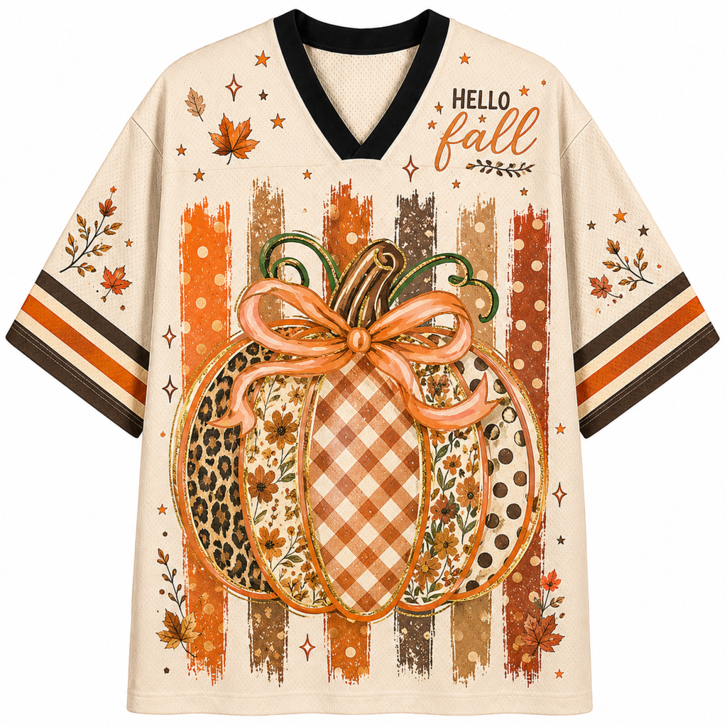 Chaotic Club Hello Fall Patchwork Pumpkin Spice Mesh Jersey
