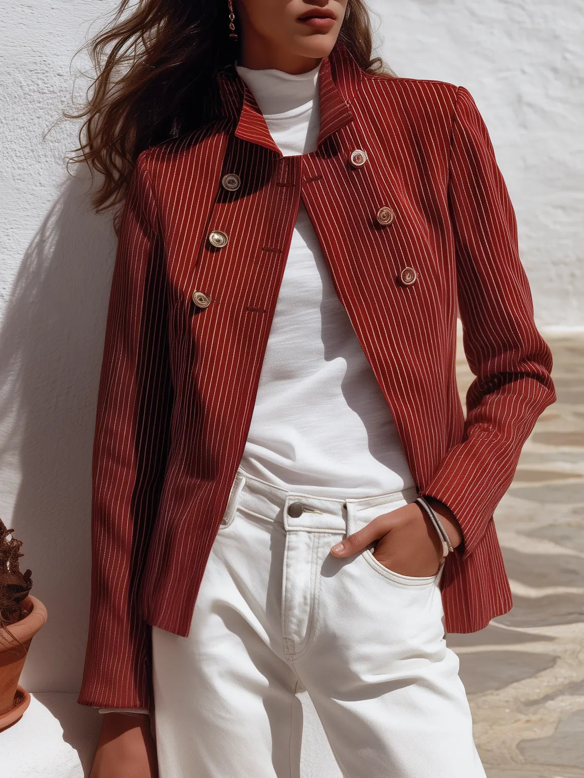 Retro Stand Collar Double-breasted Striped Jacket