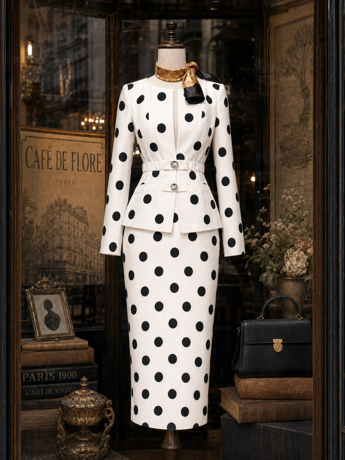 Vintage Polka Dot Print V-Neck Two-Piece Skirt Set