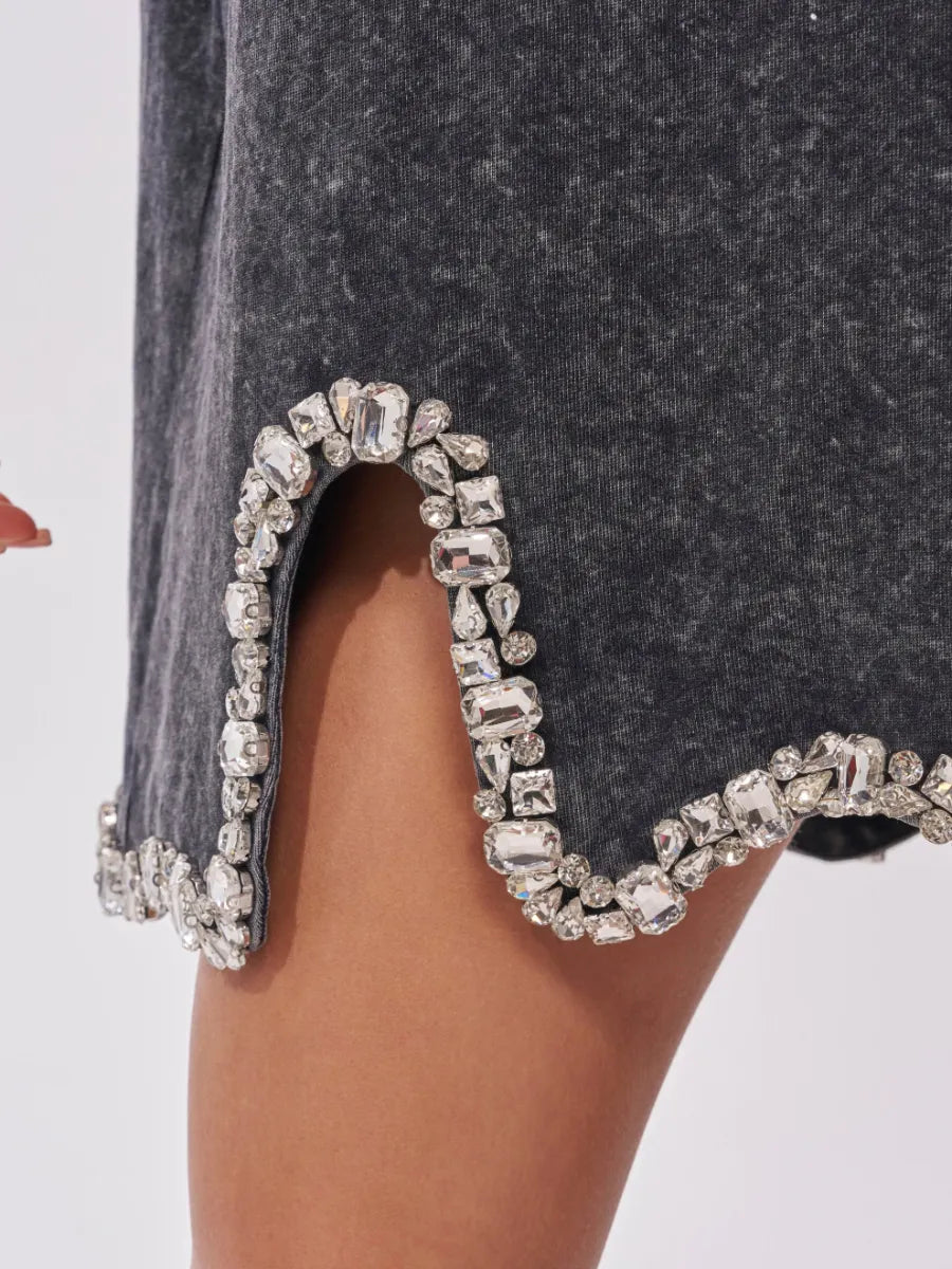 Rhinestone Trim Washed T‐Shirt Mini Dress