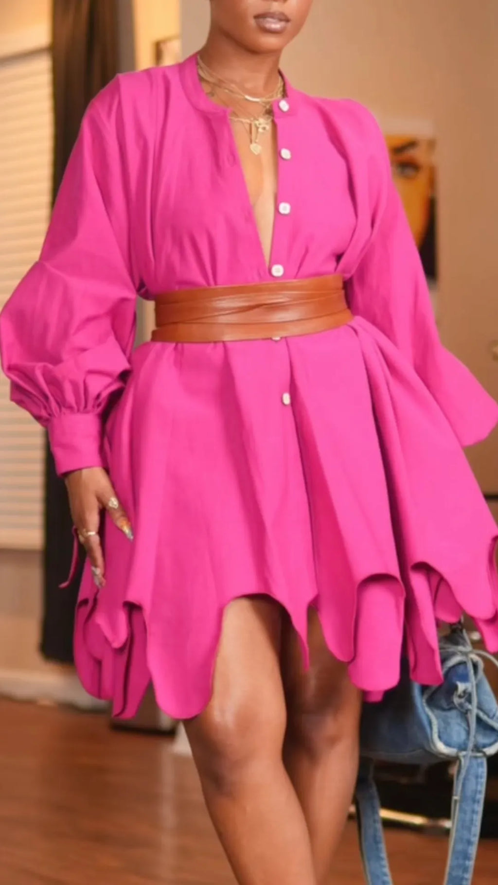 Fuchsia Button‐Down Mini Dress