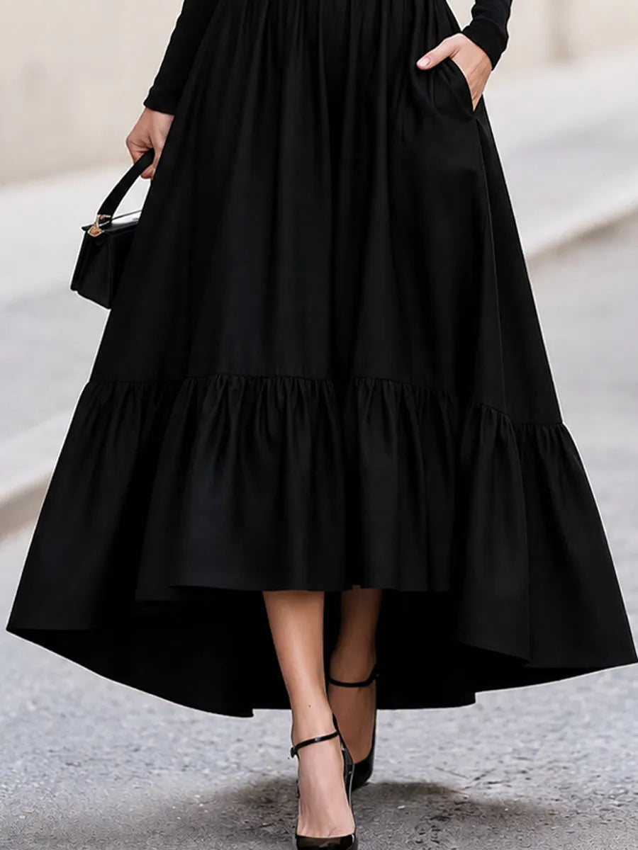 Turtleneck Long‐Sleeve High‐Low Tiered Maxi Dress With Side Pockets
