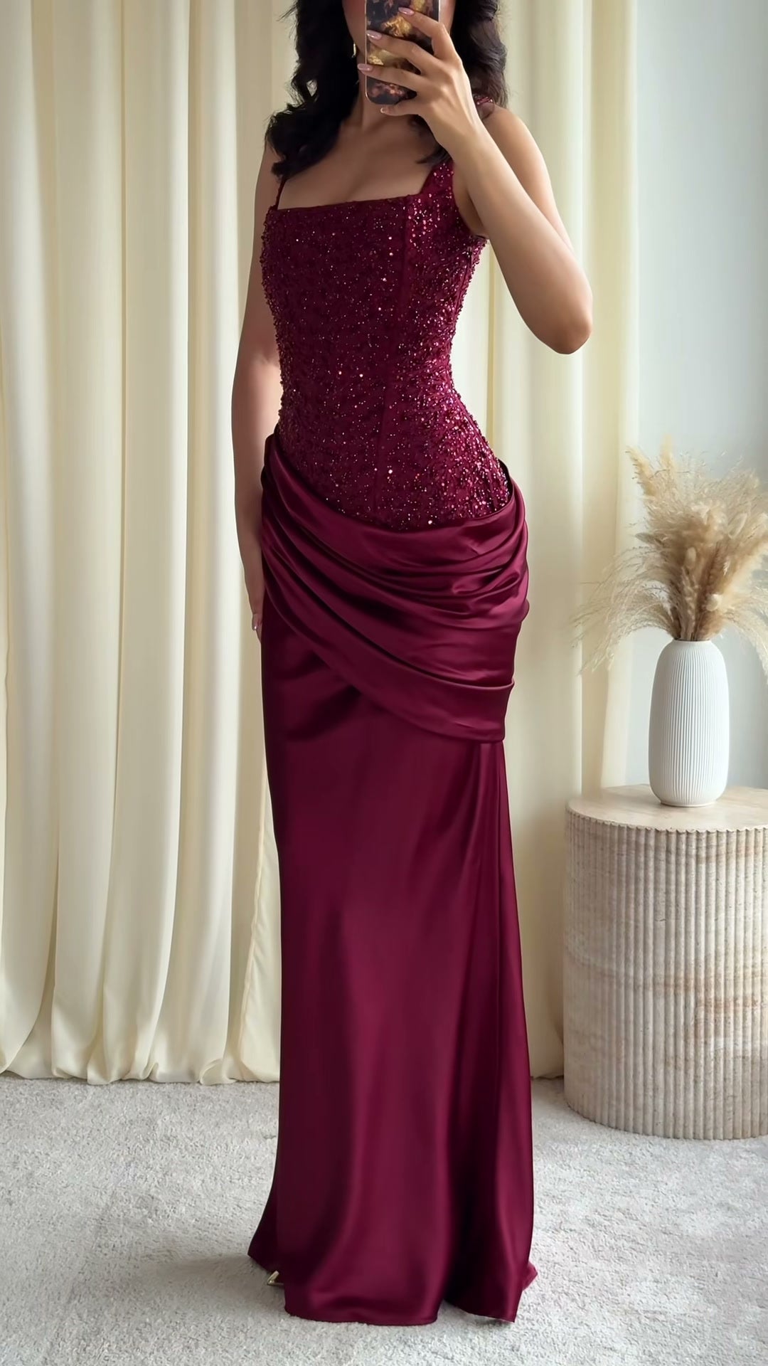 burgundy-sequin-square-neck-gown-draped-hip-mermaid-maxi-dress