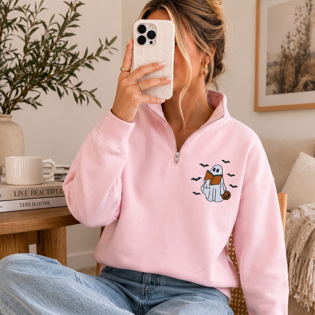 Chaotic Club Embroided Reading Ghost Pumpkin Pastel Pink Quarter Zip Sweatshirt