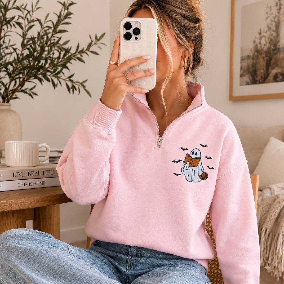 Chaotic Club Embroided Reading Ghost Pumpkin Pastel Pink Quarter Zip Sweatshirt