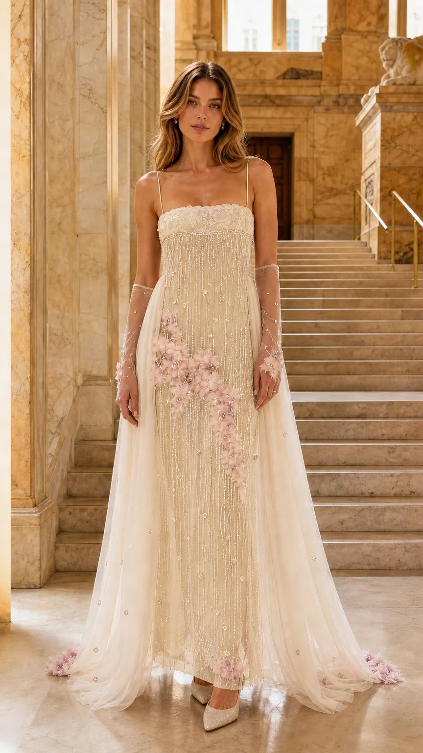 Embellished Tulle Evening Gown with Floral Appliqué