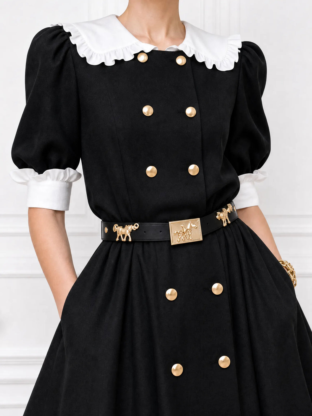 Vintage Double-breasted Lapel Ruffle Trim Midi Dress