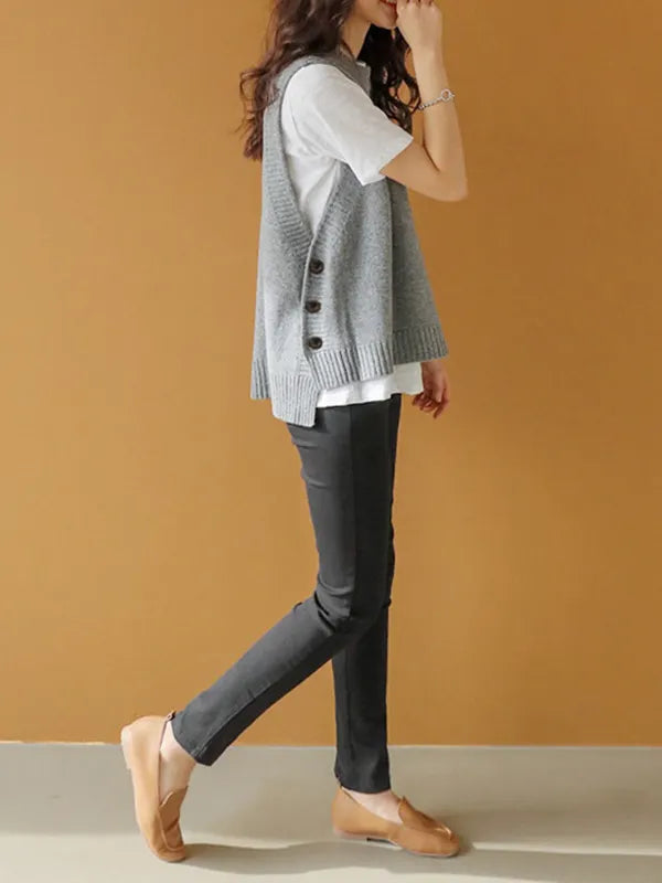 Simple Sleeveless Loose Buttoned Solid Color Round-Neck Sweater Vest Outerwear