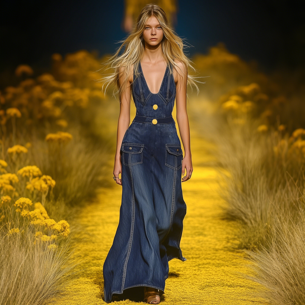 Elegant Suspender Pocket Denim Maxi Dress