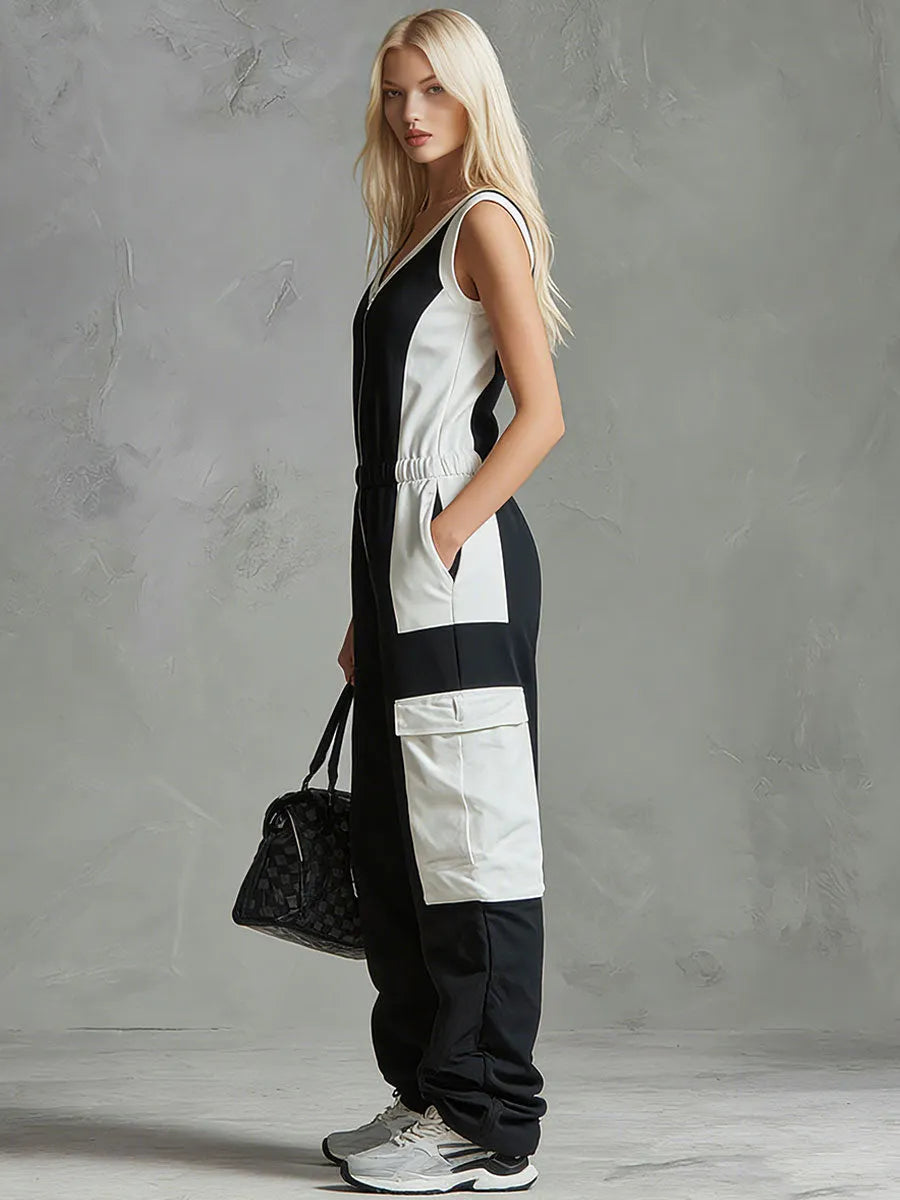 Casual Retro Sporty Black And White Color-blocked V-neck Half-zip Jumpsuit