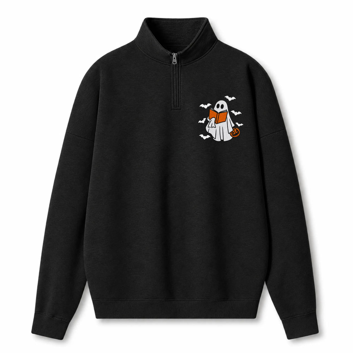 Chaotic Club Embroided Reading Ghost Pumpkin Pastel Pink Quarter Zip Sweatshirt