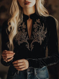 (sale)Elegant V-neck Embroidery Velvet Long Sleeves Top
