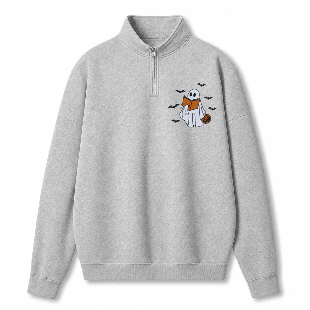 Chaotic Club Embroided Reading Ghost Pumpkin Pastel Pink Quarter Zip Sweatshirt