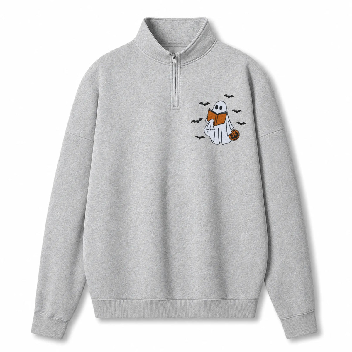 Chaotic Club Embroided Reading Ghost Pumpkin Pastel Pink Quarter Zip Sweatshirt