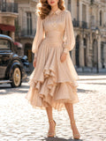 Vintage Champagne Shimmer Puff Sleeve Midi Dress