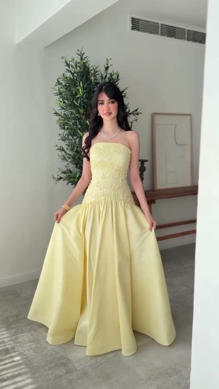 butter-yellow-strapless-ball-gown-boned-bodice-drop-waist-prom-dress