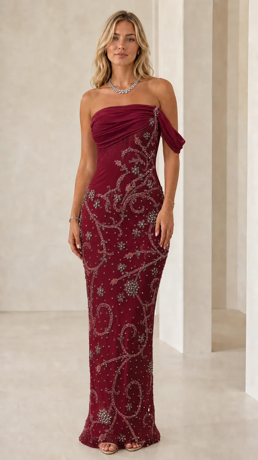 Off-the-Shoulder Draped Chiffon Beaded Formal Evening Maxi Gown