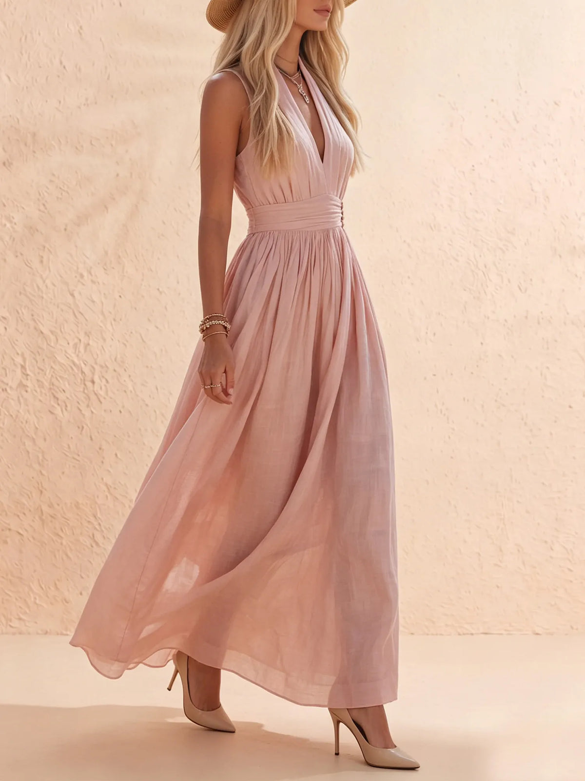 Day Dress — Pastel Mauve Side Button Gathered Linen Dress Maxi Dress