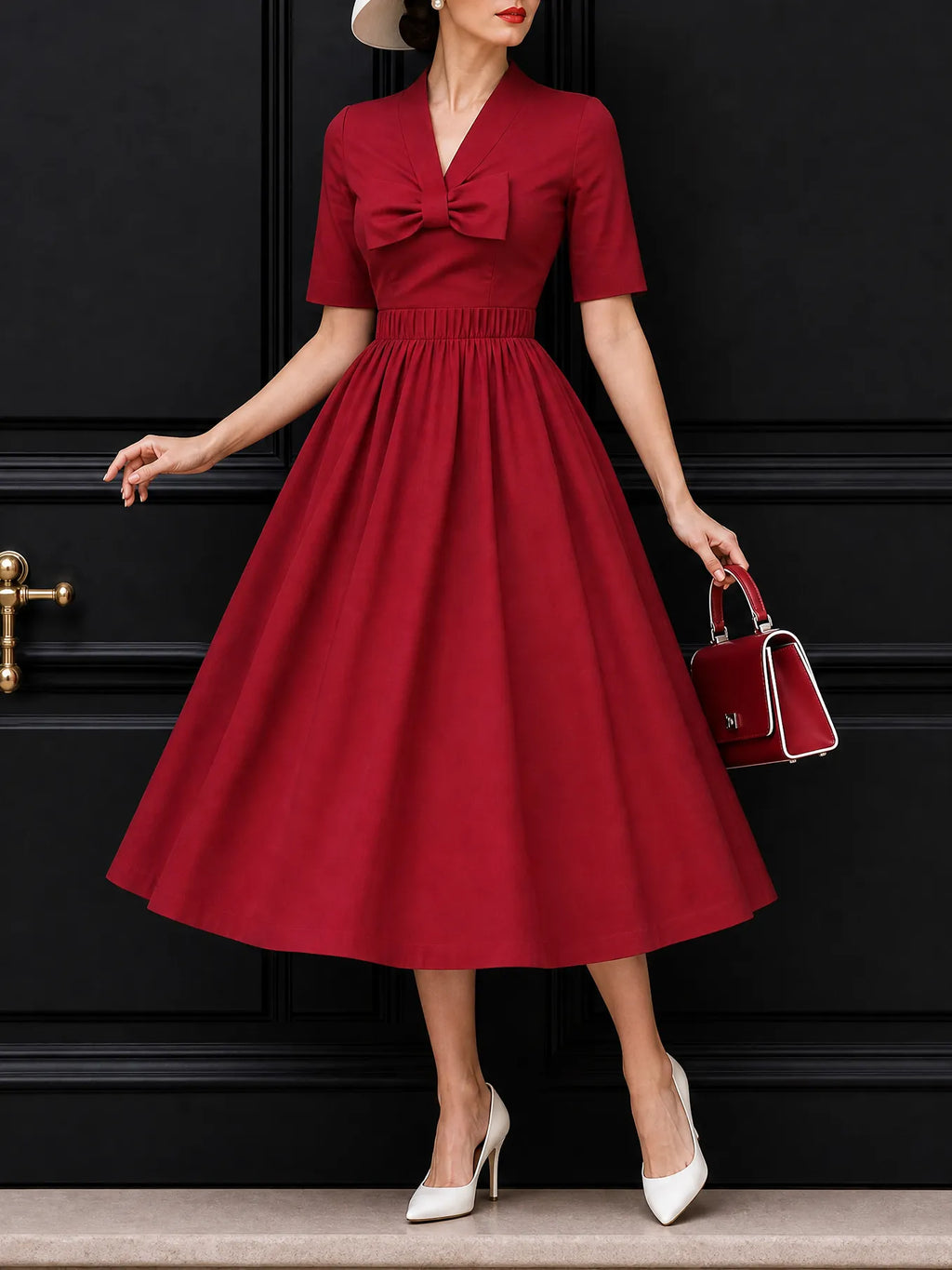 Vintage V Neck Bow Pleat Midi Dress