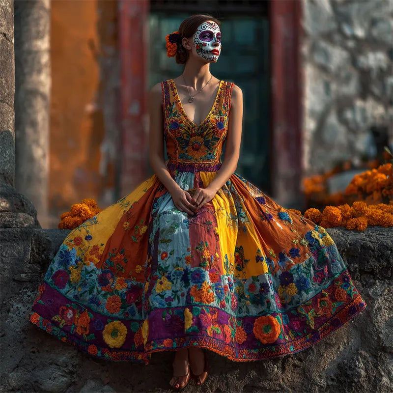 Day Of The Dead Marigolds Floral Embroidered Colorblock Linen Maxi Evening Dress