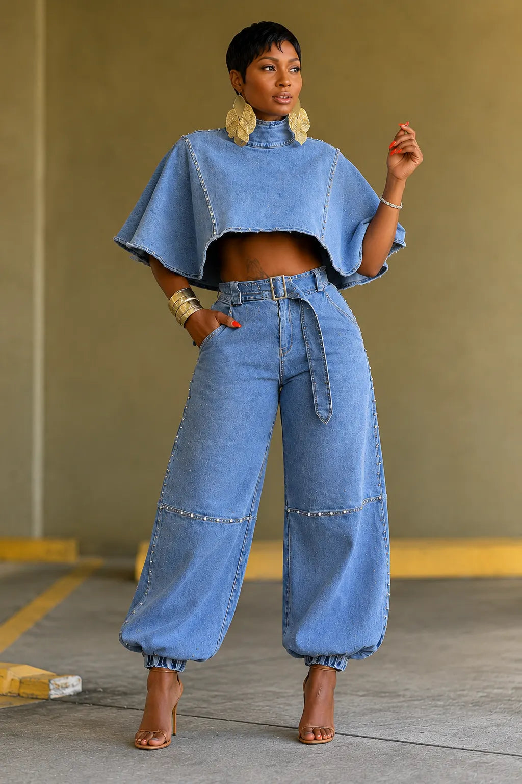Denim Cape Crop Top &  Denim Pants Two‐Piece Set