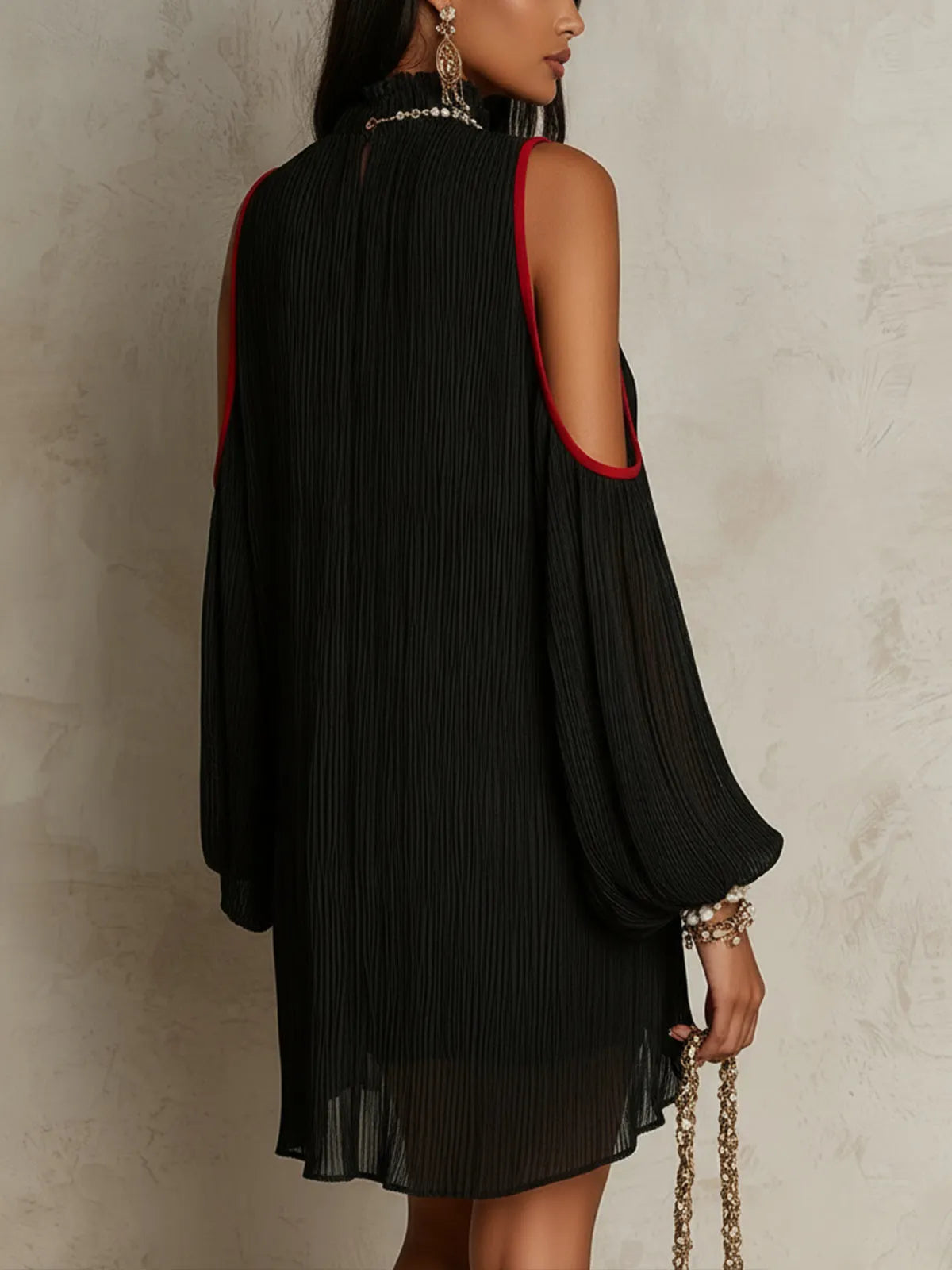 Black Pleated Chiffon Off-shoulder Mini Dress With Red Trim