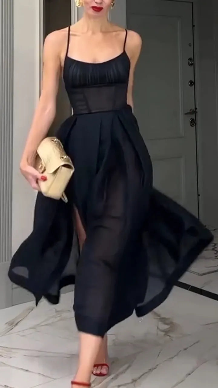 Women Spaghetti Strap Patchwork Solid Color Elegant Casual Dress