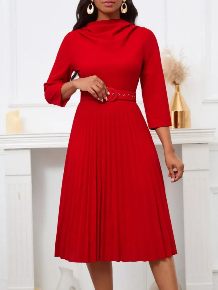 Elegant Solid Color Pleated Dress with Belt