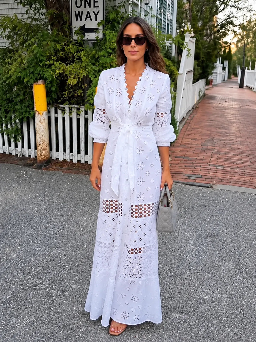 White Eyelet Button‐Front Maxi Dress