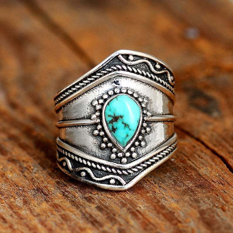 Bohemian Vintage Turquoise Teardrop Shape Irregular Ring
