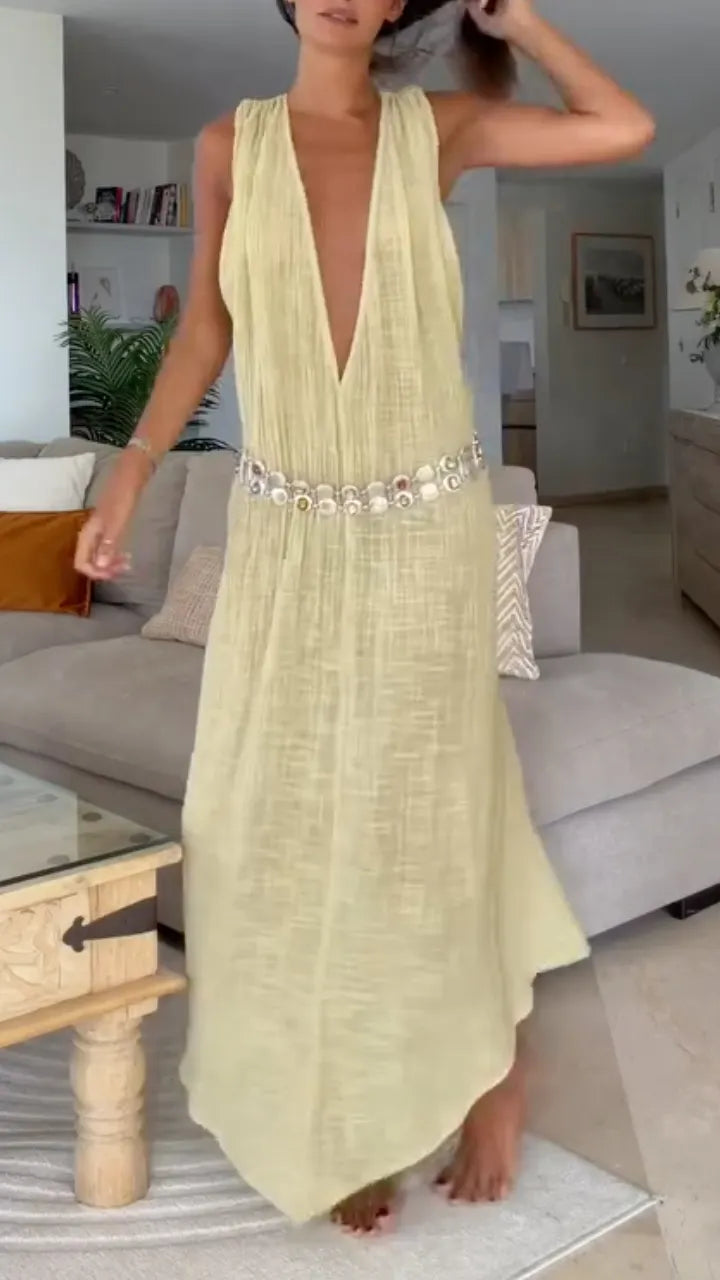 Crinkle Gauze Deep V‐Neck Maxi Dress