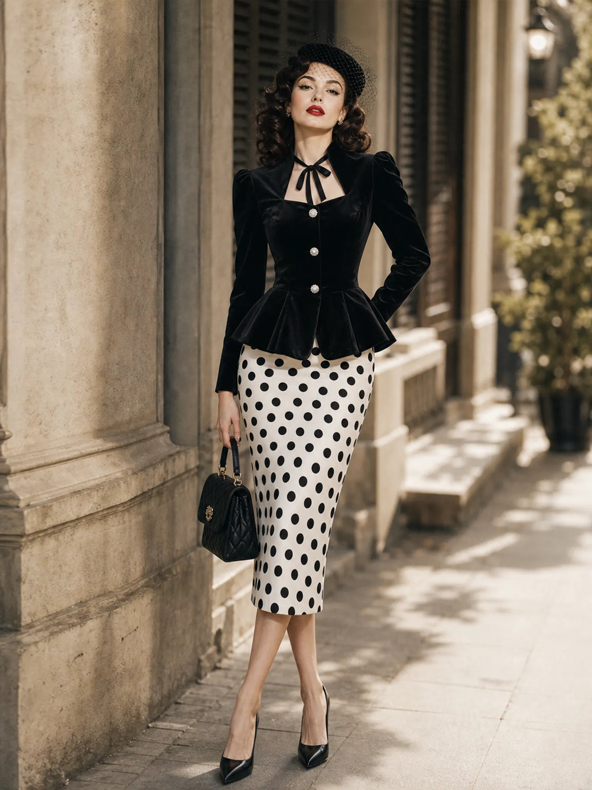 Vintage Black Velvet Puff Sleeve Peplum Top & Polka Dot Pencil Skirt Two-Piece Set