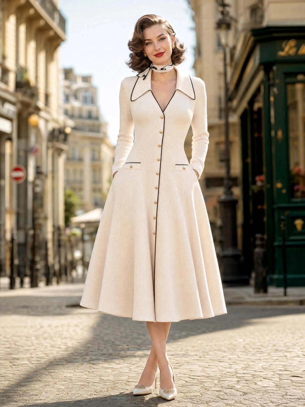 Vintage Collared Button‑Front Midi Knit Dress