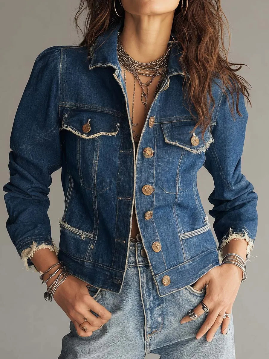 Classic Retro Distressed Frayed Denim Jacket with Vintage Buttons