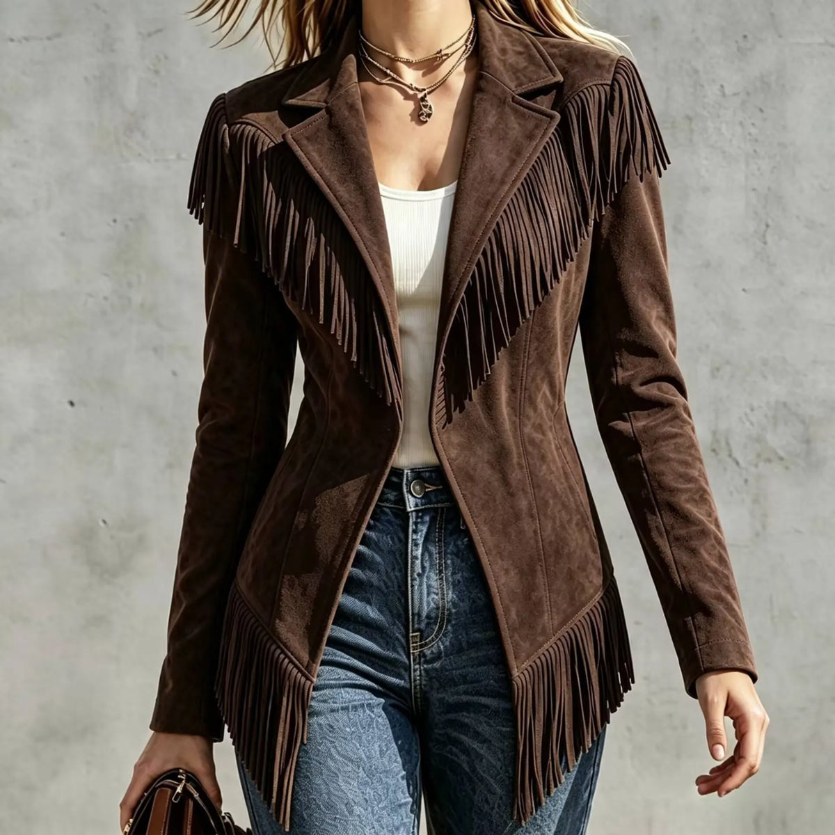 Fitted Faux‐suede Fringe Western Jacket