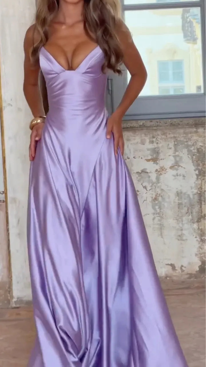 Lavender Satin V‐Neck Slip Maxi Gown