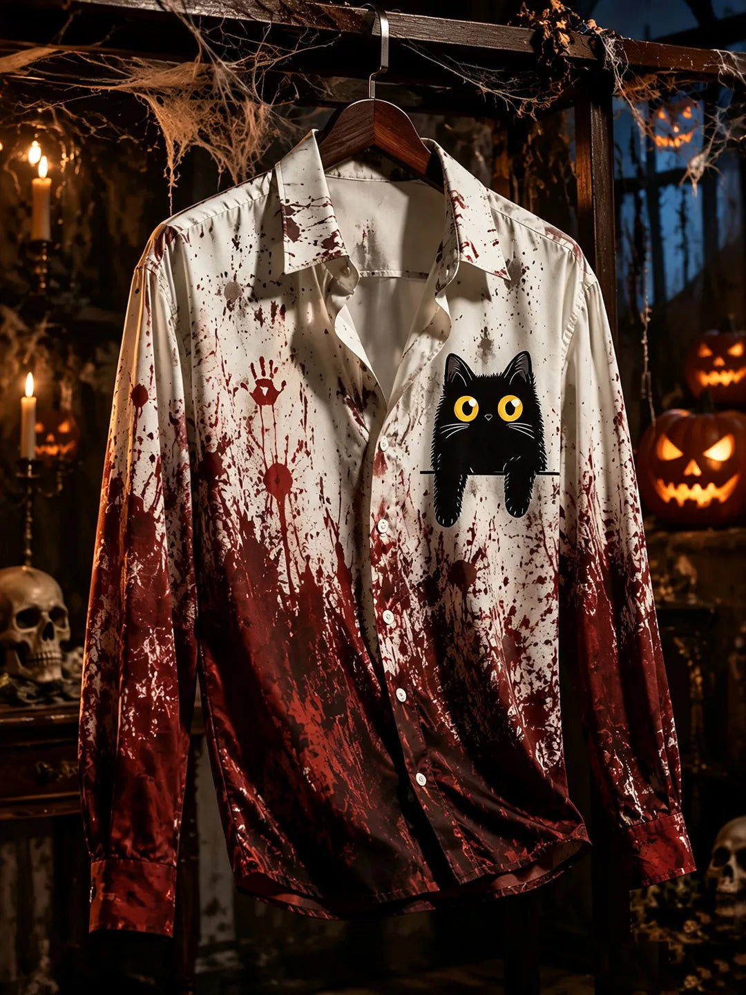 Retro Halloween Cat Art Pattern Casual Long-sleeve Shirt