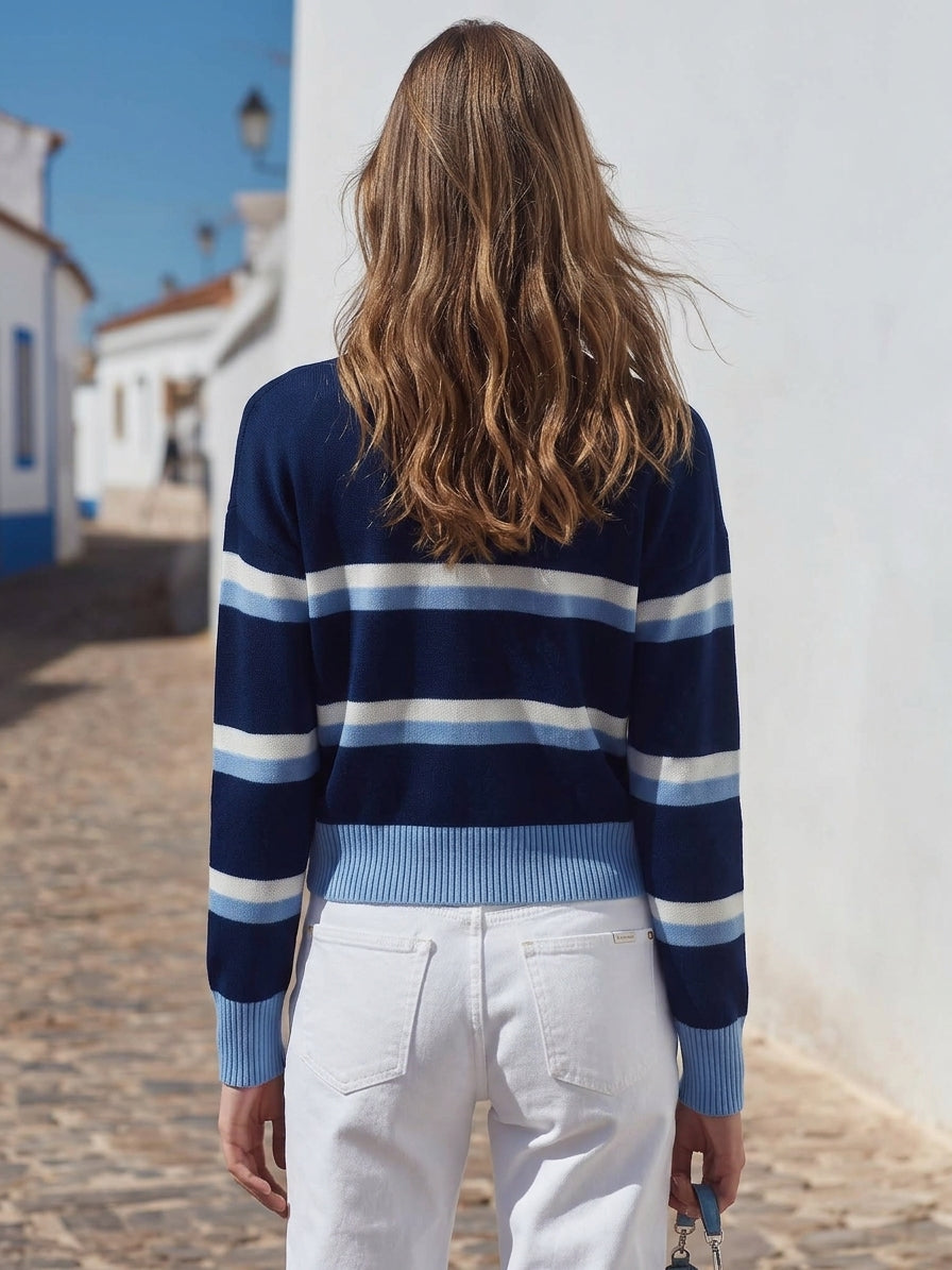 Nautical Resort Navy Multi Stripe V Neck Knit Cardigan