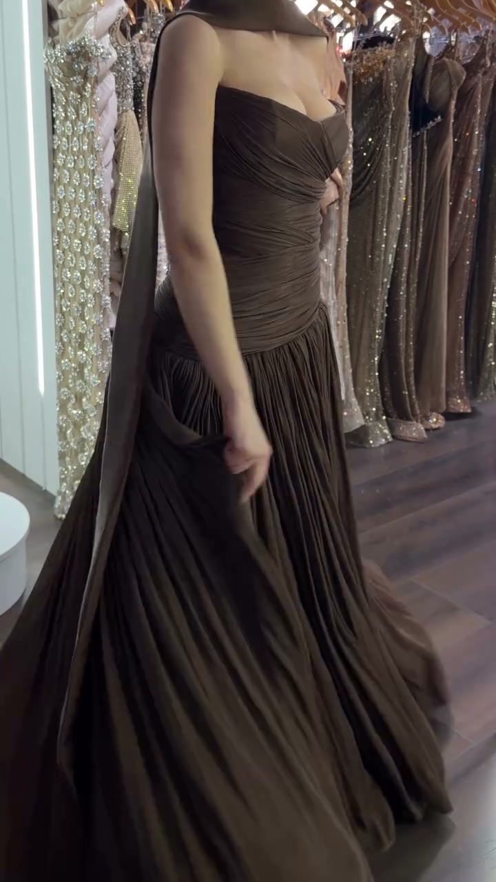 chocolate-brown-strapless-draped-gown-pleated-maxi-dress-with-scarf